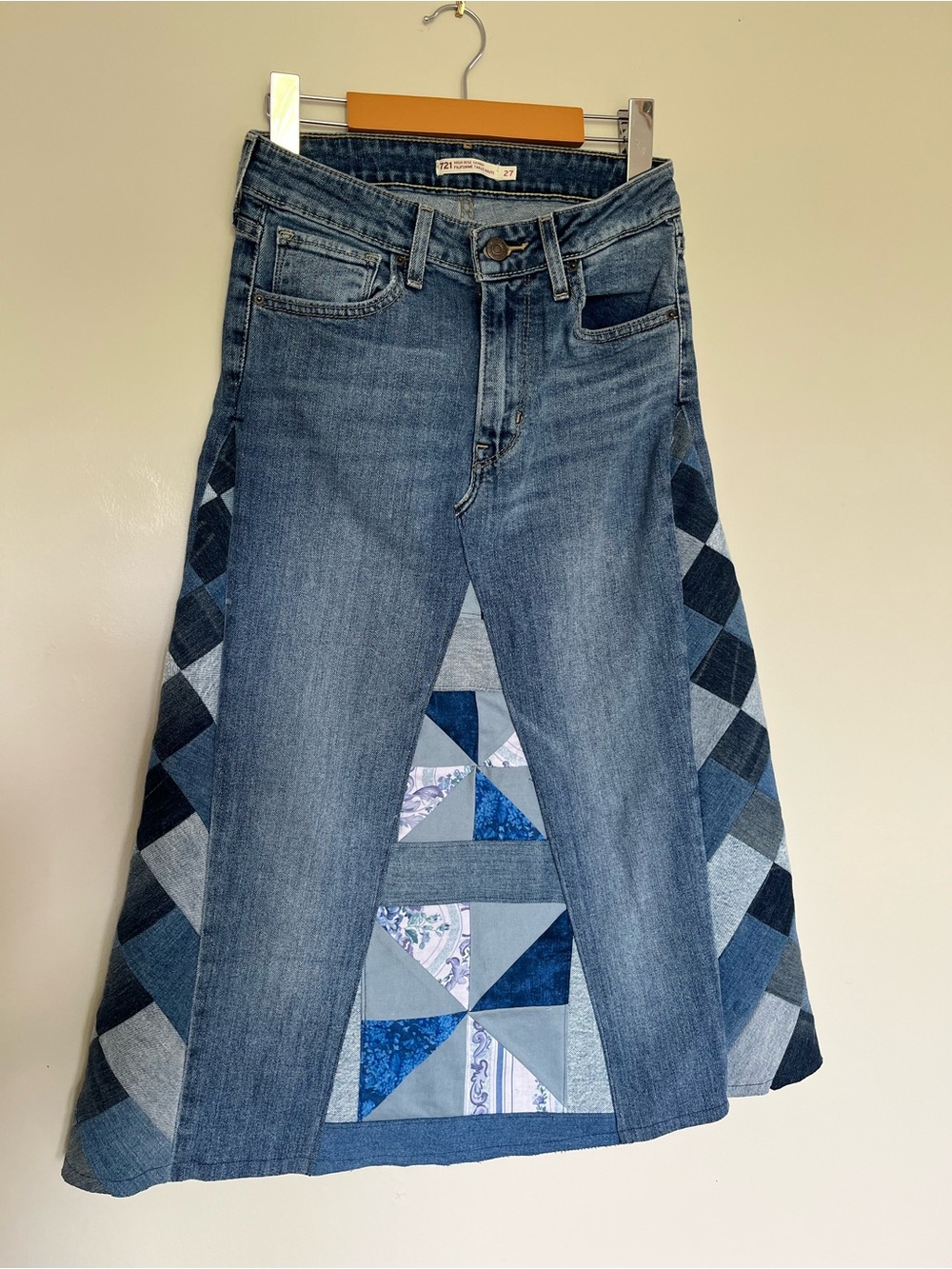 Levi's Blue Patchwork Midi Denim Skirt